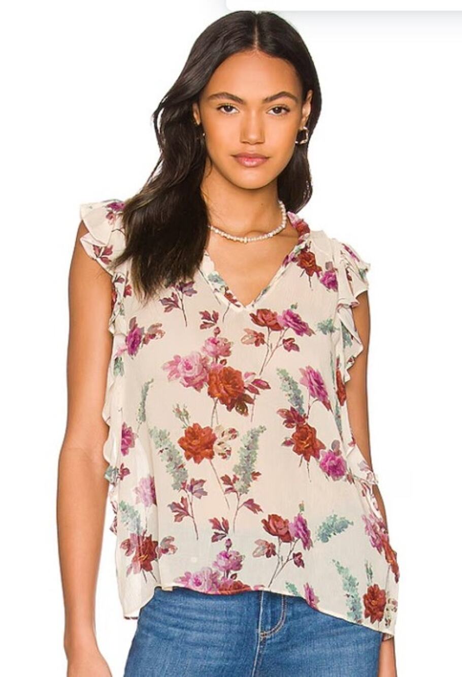 PAIGE Genie Fall Floral Silk Chiffon Ruffle top  Medium Nude Cream Multi V-neck